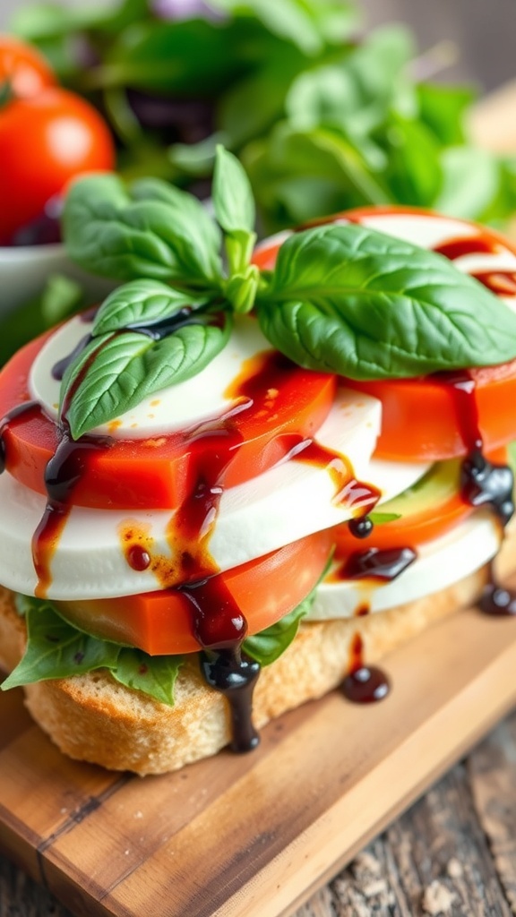 A Caprese sandwich with mozzarella, tomatoes, and basil on crusty bread, drizzled with balsamic glaze, served with greens.